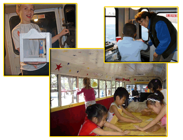 Children doing art on the bus